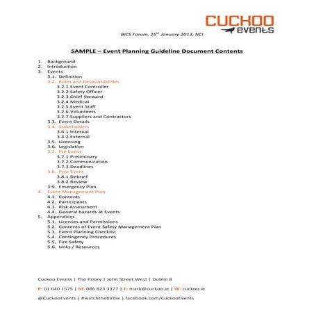 Cuckoo events   bics 2013 - sample event planning guidelines document contents