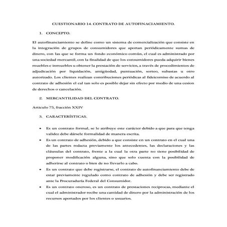 Contratos Mercantiles. Cuestionario 14. Contrato de autofinanciamiento.