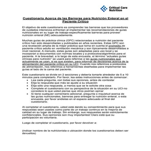 Cuestionario acerca de las barreras para nutrición enteral en el paciente crítico