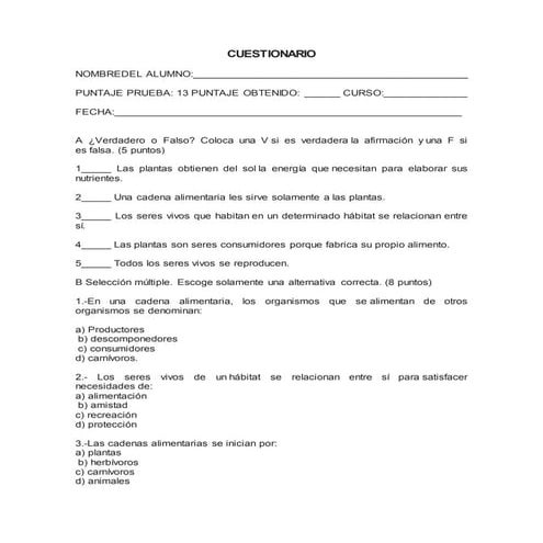 Cuestionario cadena alimenticia