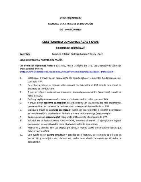 Cuestionario  de ava y ova ricardo ...