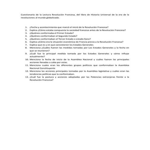 Cuestionario de la lectura revolución francesa