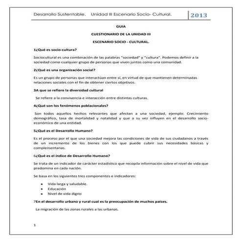 Cuestionario de la unidad 3 de desarrollo sustentable escenario socio cultural