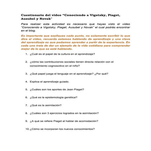 Cuestionario del video “conociendo a vigotsky, piaget, ausubel y novak”