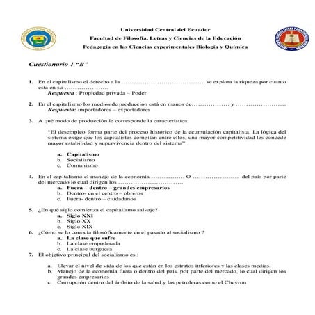 Cuestionario de preguntas sobre capitalismo, socialismo, modos de producción,...