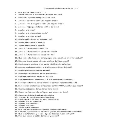 Cuestionario  de excel