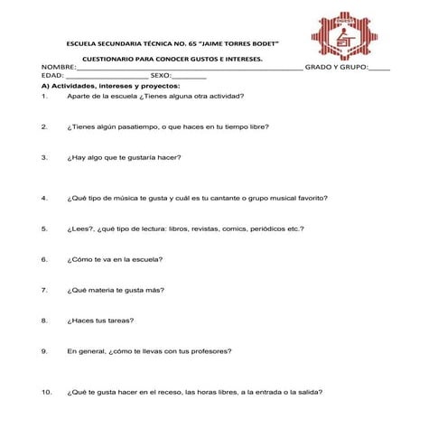 Cuestionario gustos e intereses para adolescentes