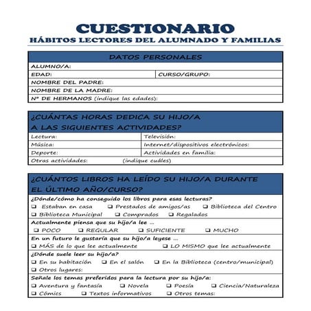 Cuestionario hábitos lectores