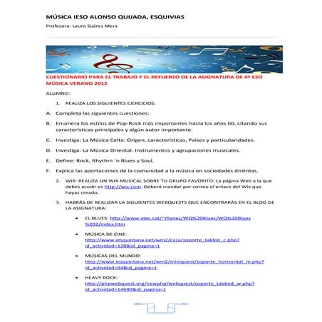Cuestionario para el trabajo y el refuerzo de la asignatura de 4º eso música ...