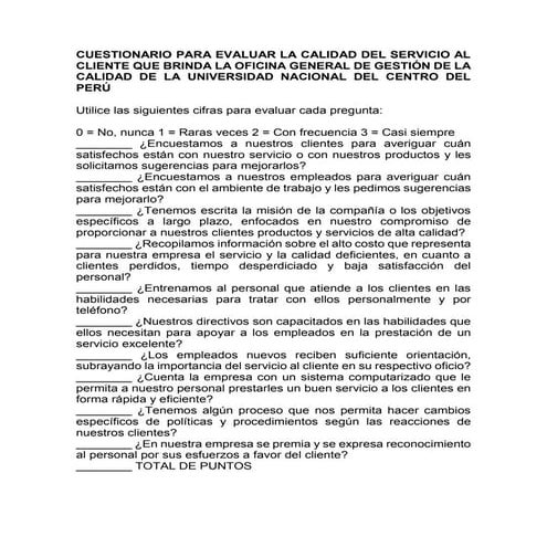 Cuestionario para evaluar la calidad del servicio al cliente 