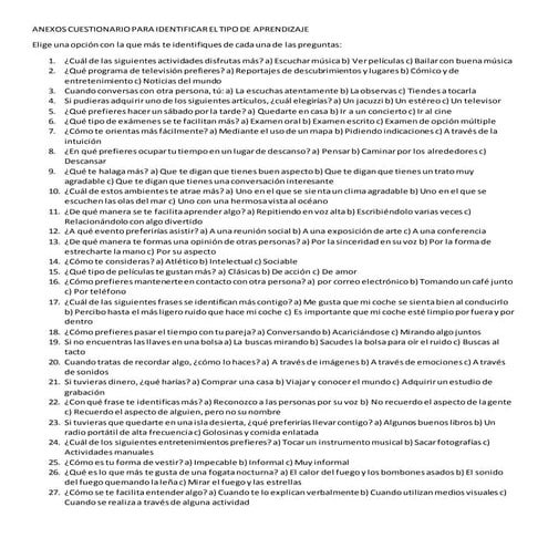 TEST ESTILOS DE APRENDIZAJE Visual-auditivo-kinestésico | PDF