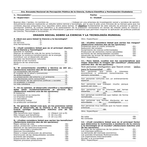 Cuestionario para la Tercera Encuesta de Percepción Pública de la Ciencia. Mario Samuel Camacho 