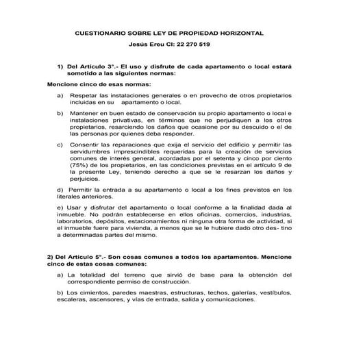 Cuestionario sobre ley de propiedad horizontal | DOCX