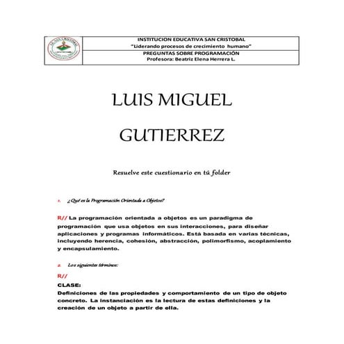 CUESTIONARIO SOBRE PROGRAMACIÓN RELACIONADA A OBJETOS