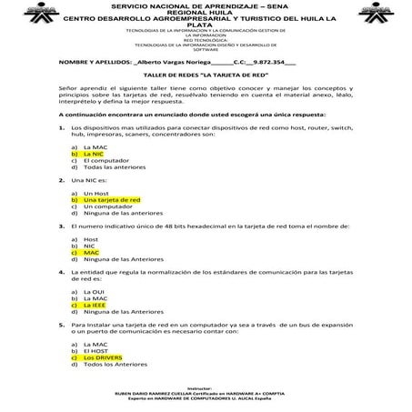 Cuestionario  taller tarjeta de red   solucionado