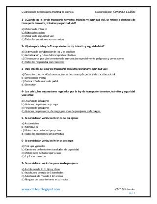 Cuestionario teorico para tramitar la licencia de conducir