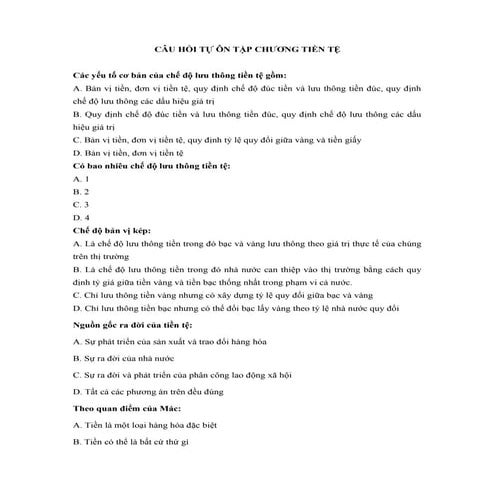 Câu hỏi tự ôn tập chương tiền tệ