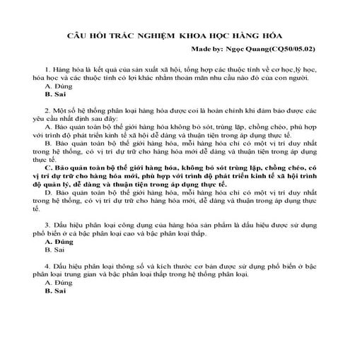 Câu hỏi trắc nghiệm khoa học hàng hóa