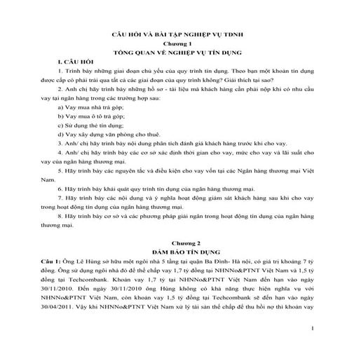 Câu hỏi và bài tập nghiệp vụ tín dụng ngân hàng