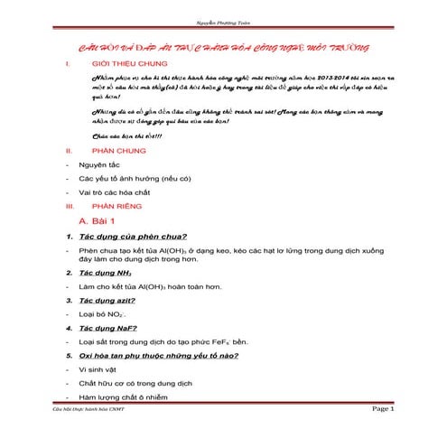 Câu hỏi và thực hành hóa công nghệ môi trường