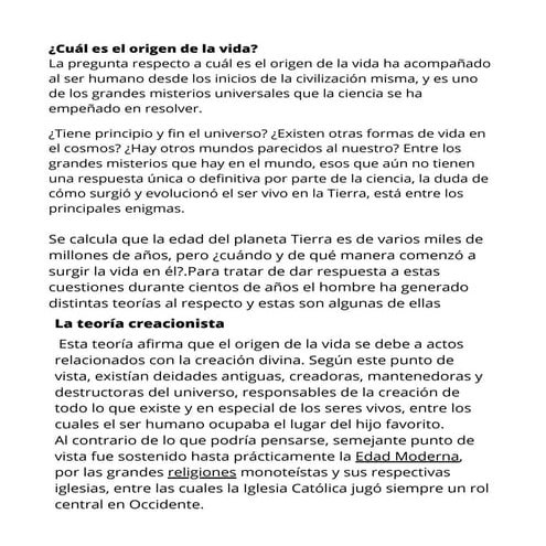 Teorías del origen de la vida | PDF