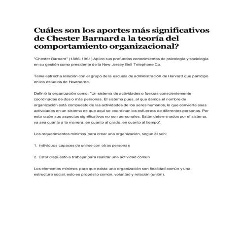 Cuáles son los aportes más significativos de chester barnard a la teoría del ...