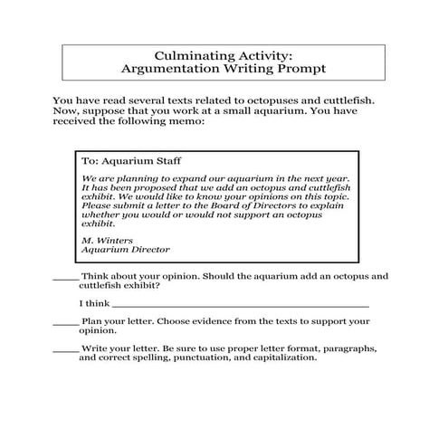 Culminating activity: Octopus texts