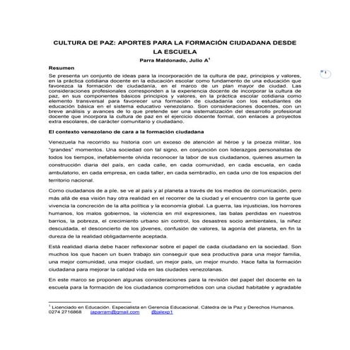 Cultura de paz aportes para la formación ciudadana desde la escuela | PDF