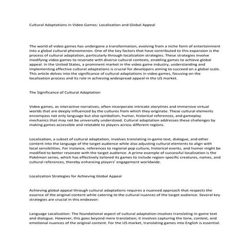 Cultural Adaptations in Video Games: Localization and Global Appeal | PDF
