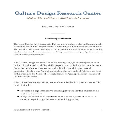 Culture Design Research Center - A Strategic Plan