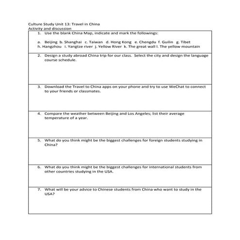Culture study unit 13 Traveling in China worksheet