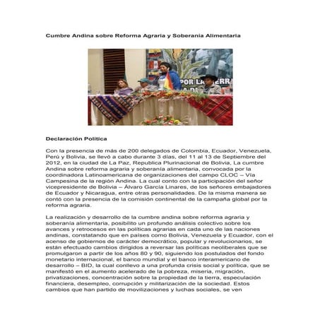 Cumbre andina sobre reforma agraria y soberanía alimentaria