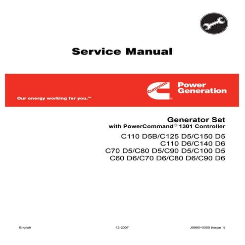 Cummins onan c125 d5 generator set with power command 1301 controller service...