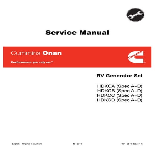 Cummins onan hdkca rv generator set service repair manual | PDF