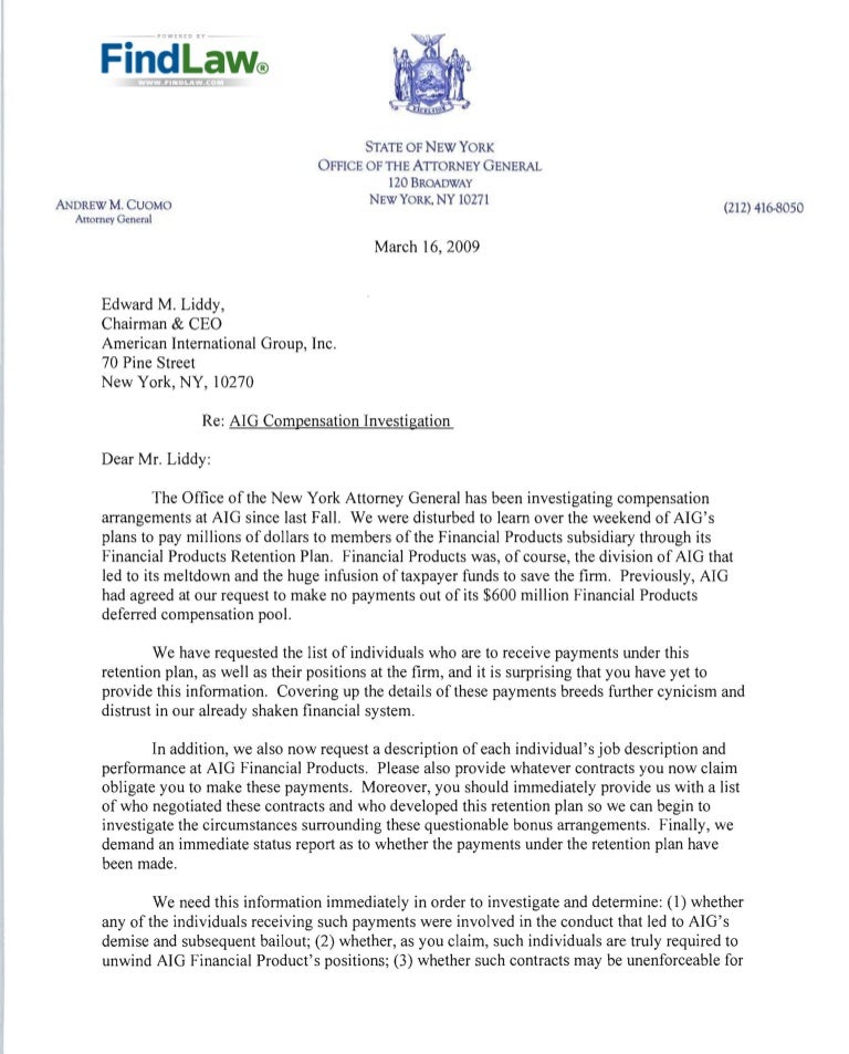 findlaw ny attorney general cuomo letter to aig ceo liddy