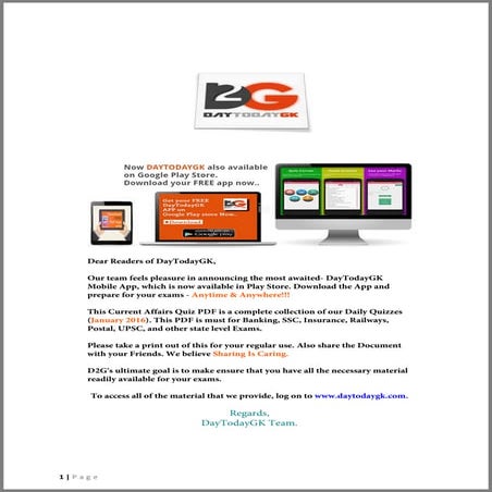 Current Affairs Quiz Pdf January 2016 By Daytodaygk.com