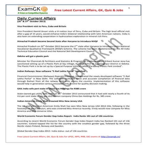 Current affairs 26 27 october 2013