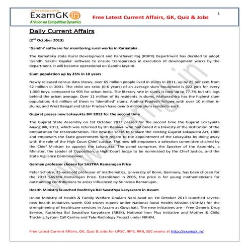 Current affairs 2 october 2013