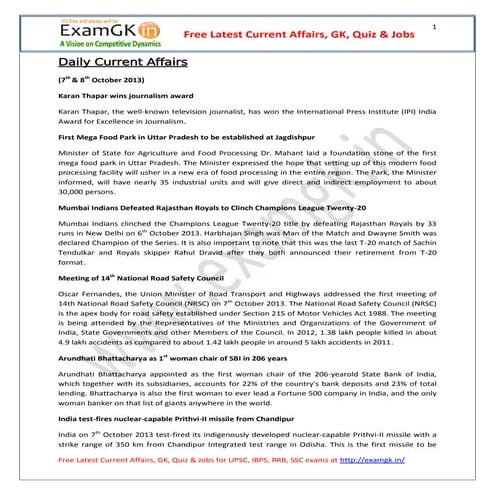 Current affairs 7 8 october 2013