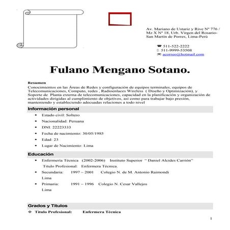 Curriculum   fulano mengano sotano