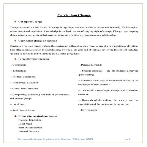 Curriculum change/ Curriculum Change Process / Issues in Curriculum Change 