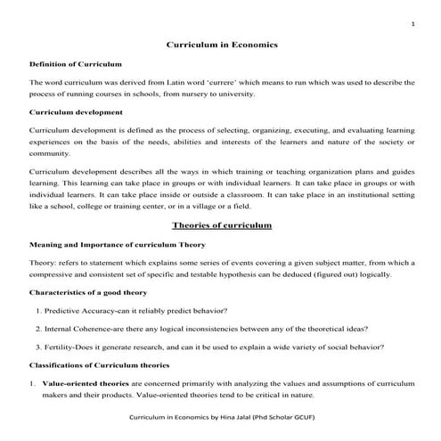 Curriculum in economics / Theories of Curriculum / Foundations of Curriculum