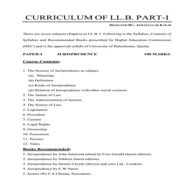 COMPLETE SYLLABUS OF LL.B. PART - I