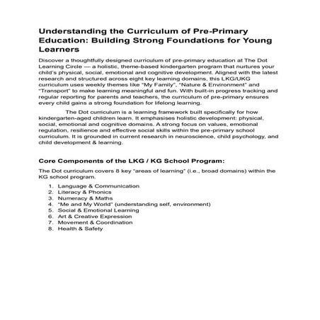 How the Curriculum of Pre Primary Education Shapes Early Learning and ...