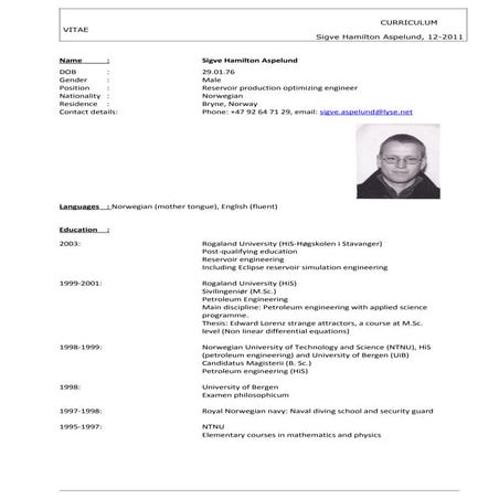 Curriculum vitae Sigve Hamilton Aspelund
