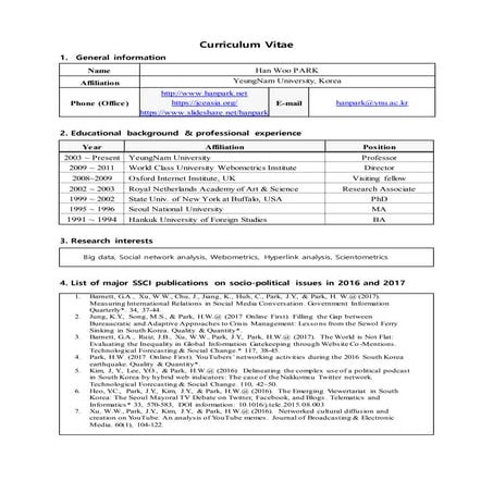 박한우 영어 이력서 Curriculum vitae 경희대 행사 제출용