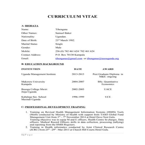 Curriculum vitae for tibengana sam baker 2015