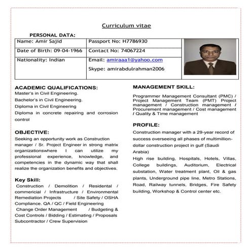 Curriculum vitae of civil engineer for construction manager or Sr. project en...