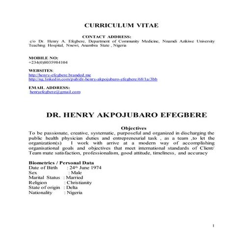 Curriculum vitae of Dr Henry Akpojubaro Efegbere