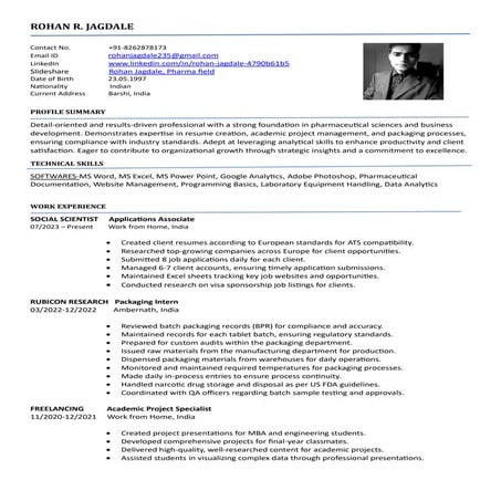 Curriculum Vitae -- Rohan Ramesh Jagdale.